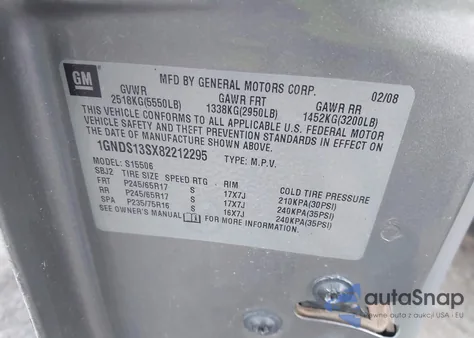 2008 Chevrolet Trailblazer Lt из США, поврежденный, VIN 1GNDS13SX82212295